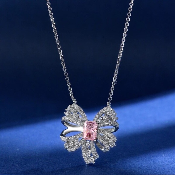 Sterling Silver Light Pink Bow Pendant Chain Necklace - Picture 1 of 4